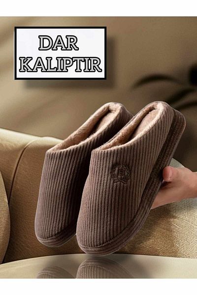 Behtah Kundura Embroidered Velvet Men's Closed Front Winter Slippers Daily Indoor Slippers Dowry Bohça