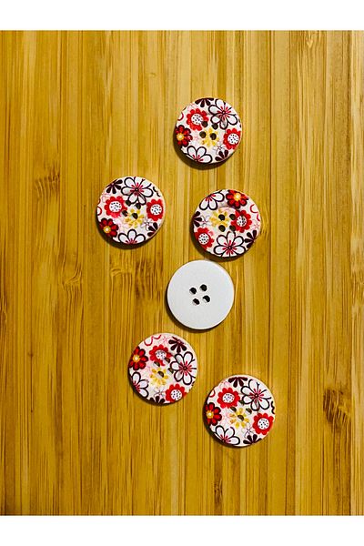 Kartopu Flower Pattern Painted Decorative Wooden Button 18 Mm. Pack of 6.