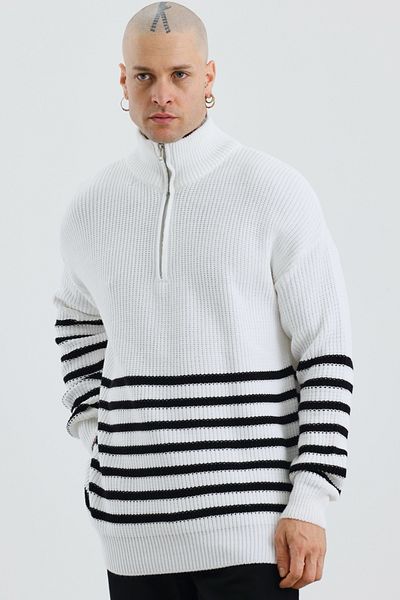 MADZEYMODA Ανδρικό πλεκτό λευκό ριγέ πλεκτό πουλόβερ υψηλής ποιότητας - Mz62000 με μισό φερμουάρ