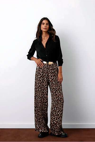 Sateen Beli Lastikli Leopar Desenli Pantolon - Kahve