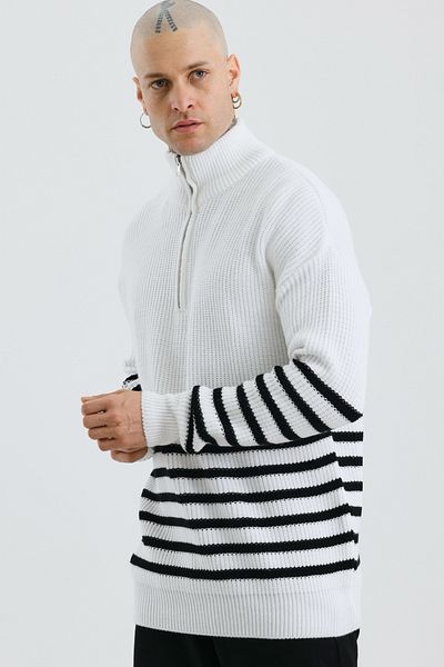 MADZEYMODA Ανδρικό πλεκτό λευκό ριγέ πλεκτό πουλόβερ υψηλής ποιότητας - Mz62000 με μισό φερμουάρ