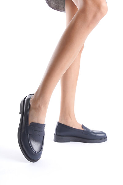 Deassa Hakiki Deri Lacivert Cilt Loafer Kadın Ayakkabı