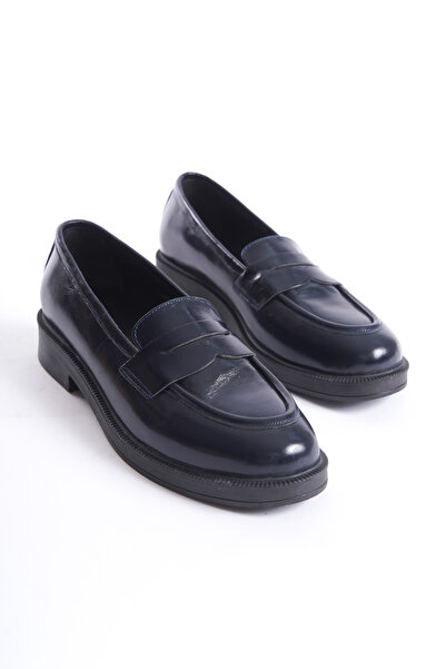 Deassa Hakiki Deri Lacivert Rugan Loafer Kadın Ayakkabısı