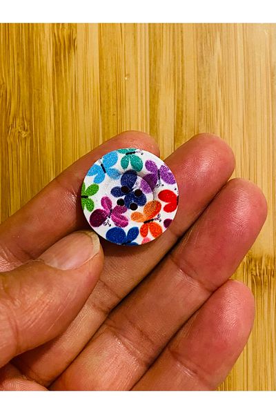 Kartopu Flower Pattern Painted Decorative Wooden Button 25 Mm. Pack of 5.