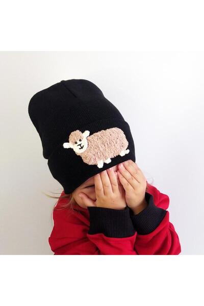 woodycord Figurină de miel împletită manual petrusă pe beretă neagră din tricot