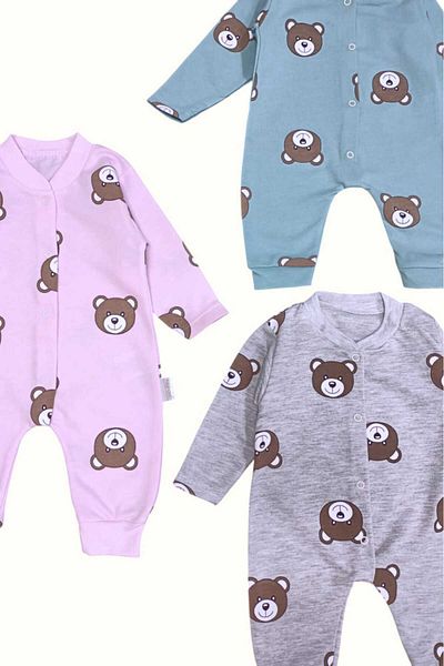 dinamik çocuk 3-Piece Colorful Jumpsuit Set for Newborn Baby - Teddy Bear Printed, 100% Cotton, 1-3-6 Months