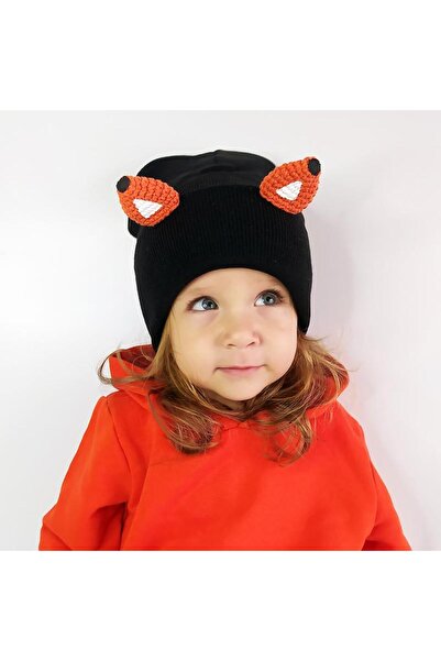 woodycord Hand Knitted Orange Fox Ear on Black Knitwear Beret