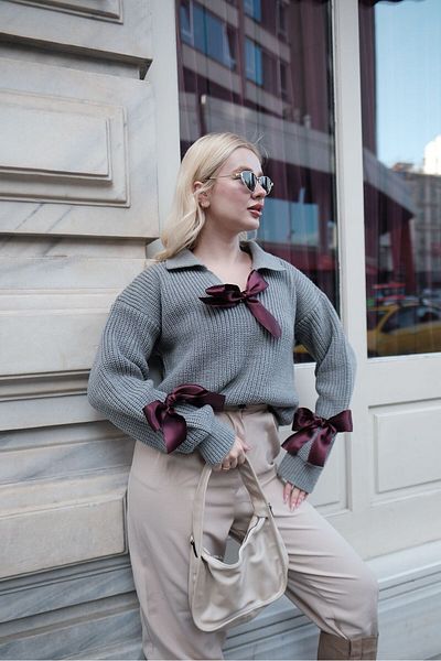NİLZA Women's Gray Polo Neck Bow Ribbon Detailed Trend Knitwear Sweater