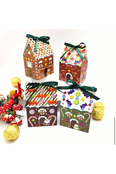 Genel Markalar 4 Adet Renkli Noel Evleri Şeklinde Yılbaşı Desenli Kurdeleli H...