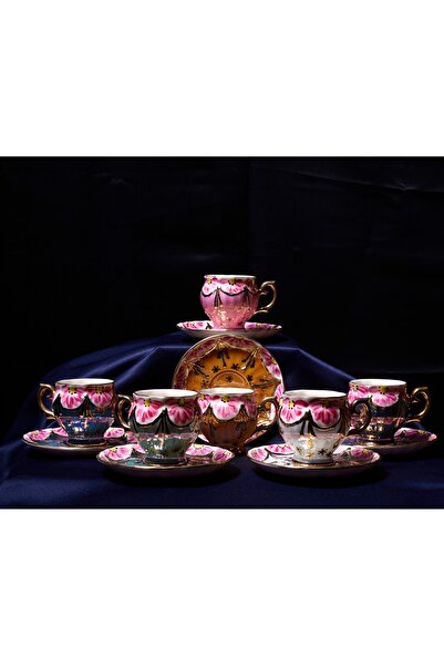 BY.RAYKA PORSELEN El Dekor Porcelain Hand Painting Saltanat 6-Piece Coffee Cu...
