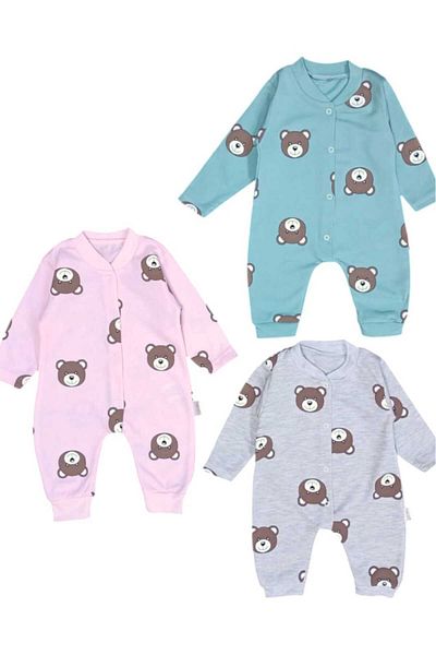dinamik çocuk 3-Piece Colorful Jumpsuit Set for Newborn Baby - Teddy Bear Printed, 100% Cotton, 1-3-6 Months