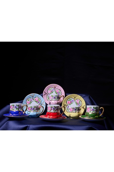 BY.RAYKA PORSELEN El Dekor Porcelain Hand Painted Palace Set of 6 Coffee Cups