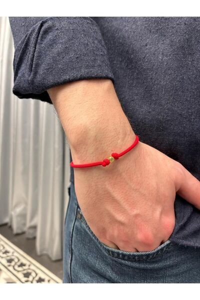 Valore Gold Küp Aksesuarlı Kırmızı İp Erkek Bileklik