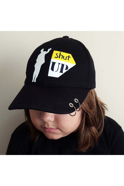 woodycord Pălărie pentru bărbați cu piercing, pictată manual, neagră Shut Up