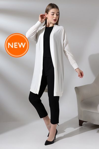 Şiir Ndola Women's Ecru Soft Textured Stretch Combed Cotton Cardigan - Low Long Sleeve & Hijab Design