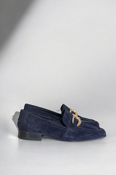ERS Air Comfort Navy Blue Genuine Suede Leather - Women's Loafer with Gold Buckle