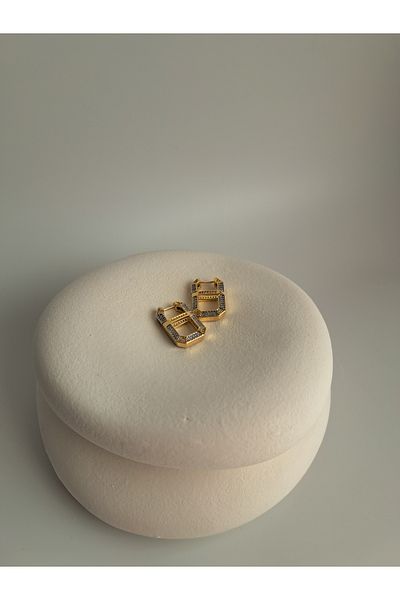 BHR AKSESUAR Gold Zircon Stone Rectangle Earrings