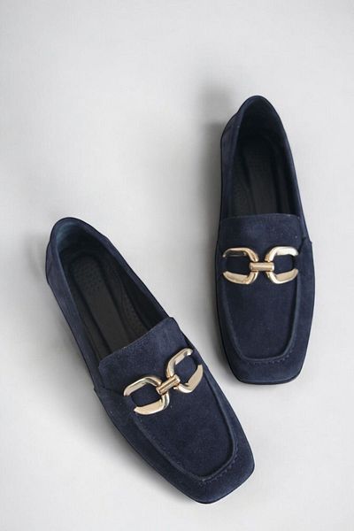 ERS Air Comfort Navy Blue Genuine Suede Leather - Women's Loafer with Gold Buckle