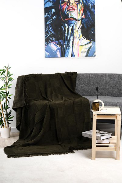 YGT Home Checkers Knitted Fringed Knitwear Tv Blanket 130X170 Neftçi Green |   Sofa Cover