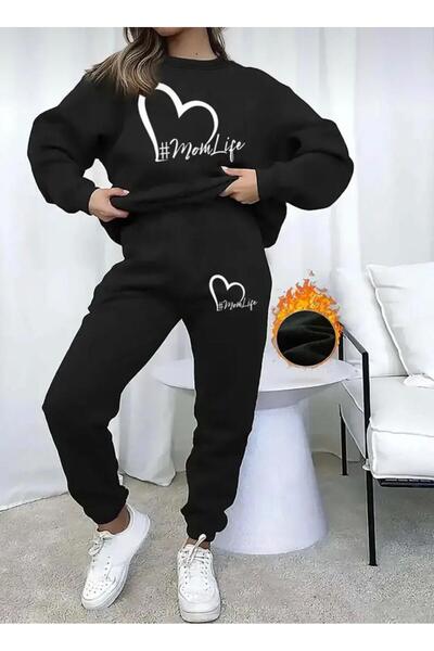 Elfa Tekstil طقم بدلة رياضية نسائية مطبوعة باللون الأسود MOMLIFE (أسفل - علوي)