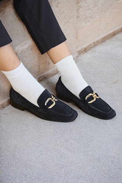 ERS Air Comfort Kadın Lacivert Hakiki Süet Deri Gold Tokalı Loafer Günlük Ayakkabı