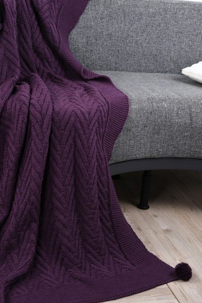 YGT Home Leyla 10 Pompon Knitted Tv Blanket Purple 130X170