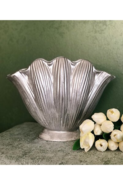 Hommark Gümüş sedefli Dekoratif istiridye vazo 22x32 büyük boy,beyaz denizkab...