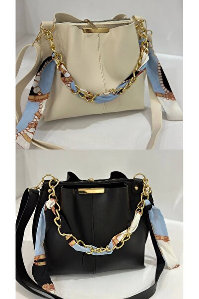 MY VİNTAGE Women's 2-Pack Soft Leather 3-Compartment Handbag and Shoulder Bag with Scarf and Chain Accessories