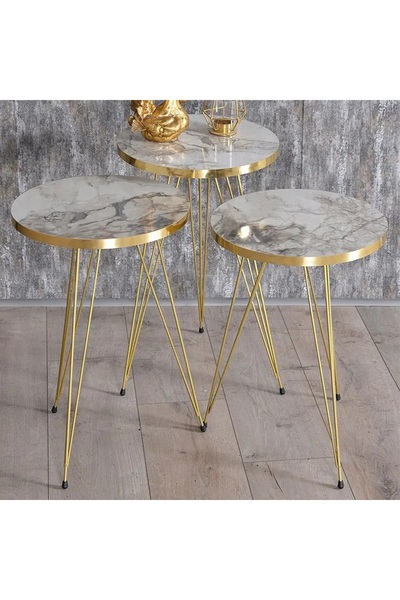 HNC HOME Siyah Üçlü Zigon Sehpa, Beyaz Zigon Sehpa Gold Metal Ayaklı Zigon Sehpa,Zigon Sehpa Seti