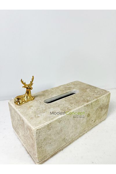 Modestmar Natural Travertine Marble - Napkin Holder, Handkerchief and Napkin Box - Gold Deer Sitting