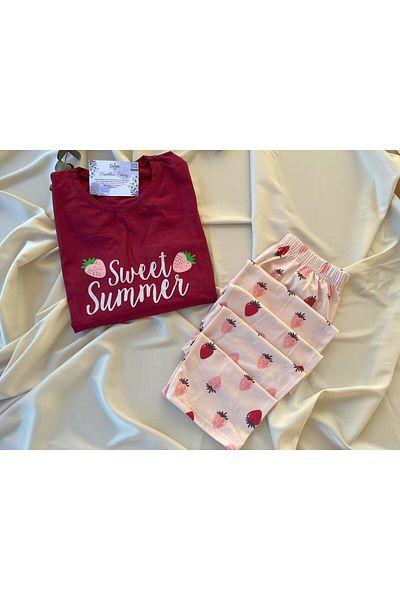 belse butik Strawberry Print Lycra Crew Neck Pajamas Set - Sude