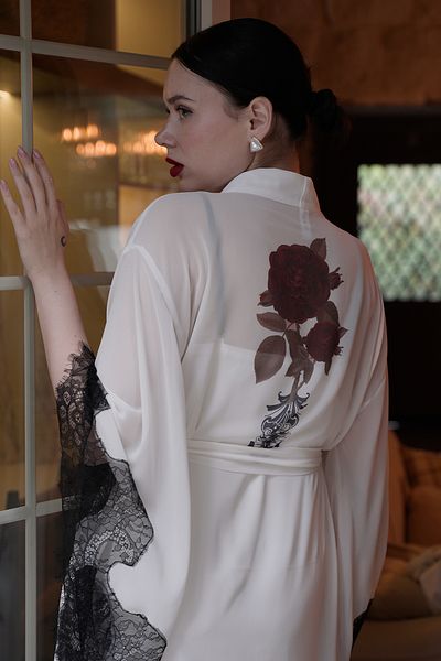 Mita Concept Ekru Chiffon Lace Detailed Kimono