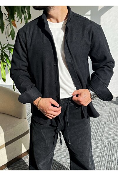 Hazhers Erkek Oversize Gömlek Yaka Kaşe Kumaş Uzun Kollu Kışlık Gömlek