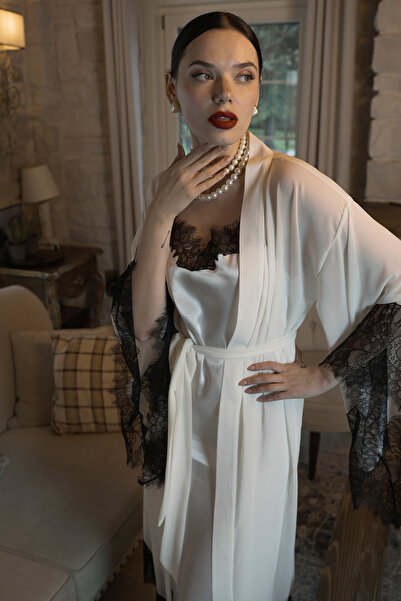 Mita Concept Ekru Chiffon Lace Detailed Kimono