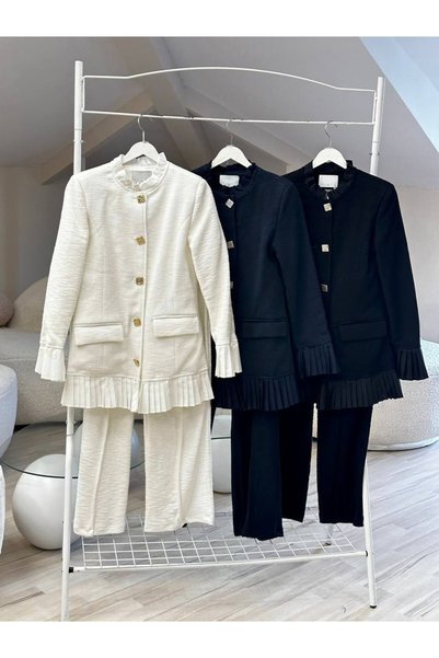 RFK Butik Women's Pleated Detailed Design Knitted Jacket and Trousers Two-Piece Set Navy Blue