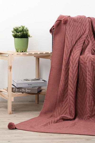 YGT Home Leyla 4 Pompom Dried Rose Knitwear Tv Blanket - 130X170 Sofa Cover Leg Shawl