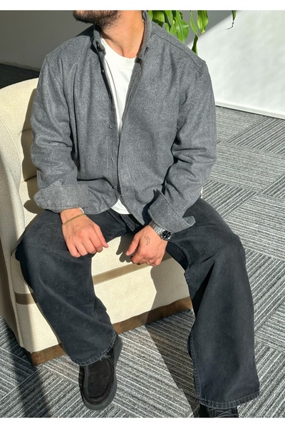 Hazhers Erkek Oversize Gömlek Yaka Kaşe Kumaş Uzun Kollu Kışlık Gömlek