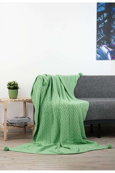 YGT Home Green Knitwear Braided Tv Blanket - Leyla 4 Pompom 130X170, Sofa Cover and Leg Shawl