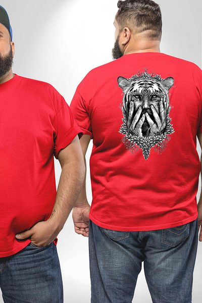 Angemiel تي شيرت أحمر مقاس كبير - نصف إنسان، نصف ليوبارد، Mutant Leopard King، طباعة خلفية للجنسين