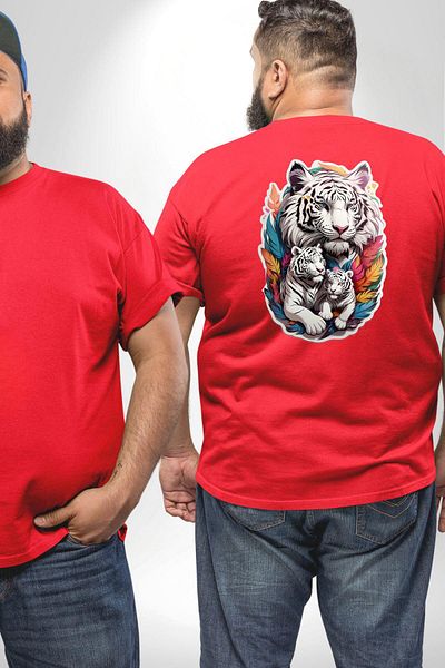 Angemiel ريش ملون مقاس كبير - تي شيرت مطبوع عليه ظهر للجنسين من Red White Tiger Family