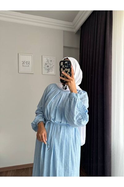 RFK Butik Kadın Seyyar Kemerli Balon Kol Keten Mavi Tasarım Elbise
