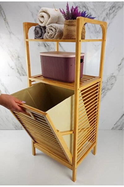 Onedekor Bambu Kirli Sepetli 2 Raflı Çok Amaçlı Banyo Düzenleyici Çamaşır Sepeti