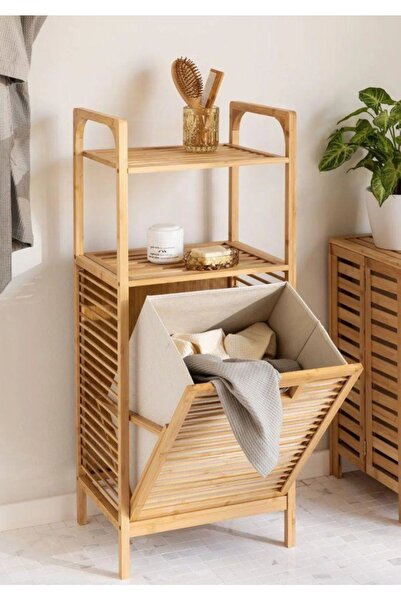 Onedekor Bambu Kirli Sepetli 2 Raflı Çok Amaçlı Banyo Düzenleyici Çamaşır Sepeti