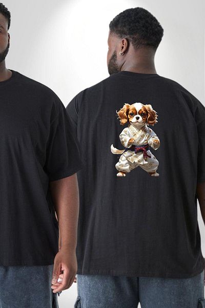 Angemiel تي شيرت Cavailer King Charles Spaniel Karate - مقاس كبير أسود، للجنسين، مطبوع على الظهر