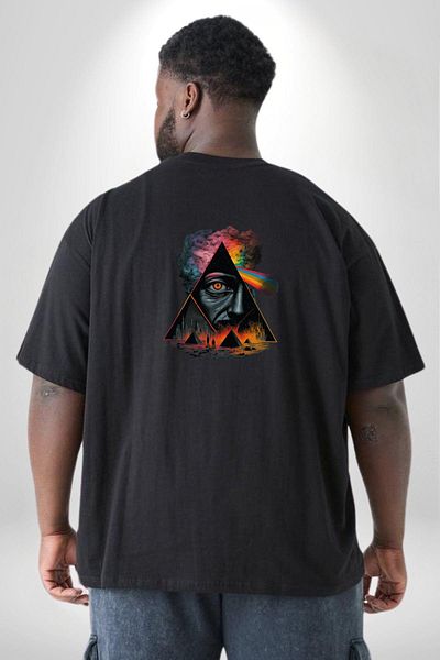 Angemiel تي شيرت أسود كبير الحجم من Pink Floyd Eye Pyramid - للرجال والنساء والجنسين مع طباعة خلفية