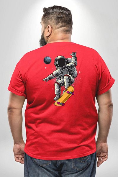 Angemiel تي شيرت Atronot Skateboard Mars مقاس كبير باللون الأحمر - ظهر مطبوع للجنسين