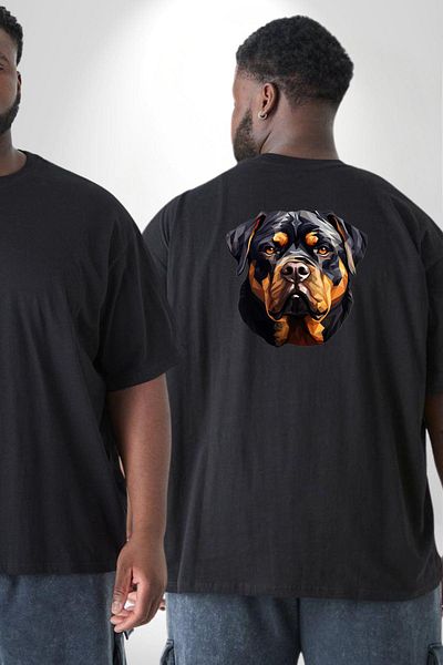 Angemiel تي شيرت Rottweiler أسود مقاس كبير - للنساء/الرجال، مطبوع على الظهر