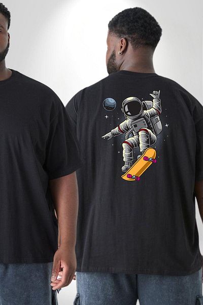 Angemiel تي شيرت Atronot Skateboard Space Mars - مقاس كبير أسود، للنساء والرجال للجنسين، مطبوع على الظهر