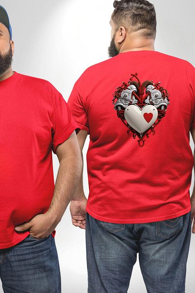 Angemiel تي شيرت روبوت أحمر كبير الحجم - قلب أتادامار، ظهر مطبوع للجنسين