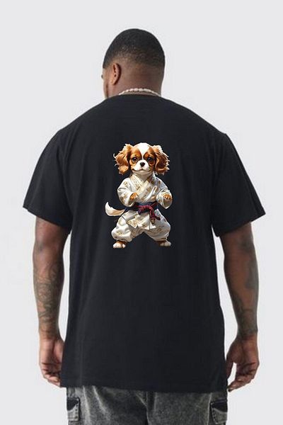 Angemiel تي شيرت Cavailer King Charles Spaniel Karate - مقاس كبير أسود، للجنسين، مطبوع على الظهر